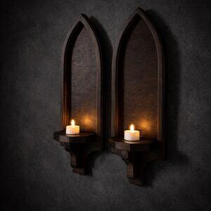 Gothic Arch Wood Wall Sconces Set of 2 Dark Walnut Candle Holders Handmade